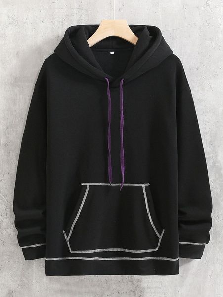 

men stitching kangaroo pocket drop shoulder drawstring thermal hoodie l8jv#, Black