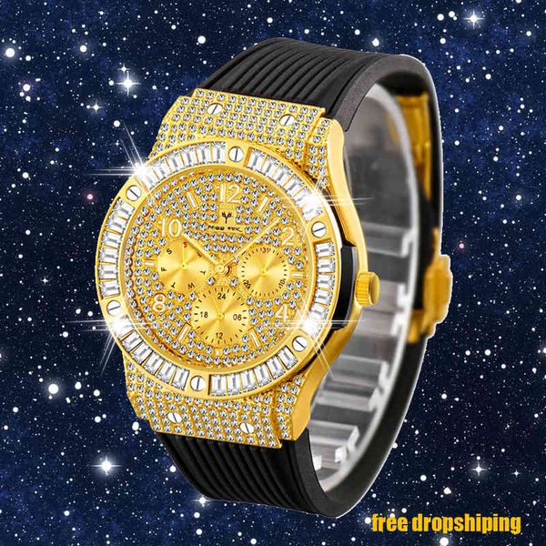 Gota 2022 18K Gold Mens relógios gelado de diamante moda quartzo relógio homens À Prova D 'Água Hip Hop WristWatch Man Chrono Xfcs
