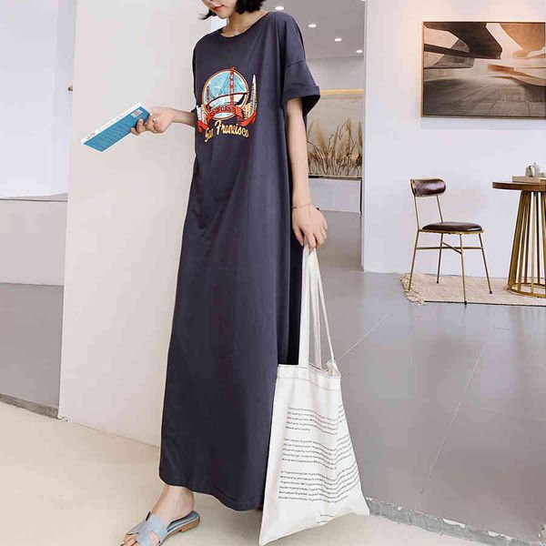 

female casual short sleeve loose maxi dressed letter print neck dress feminine plus size dresses long, Black;gray