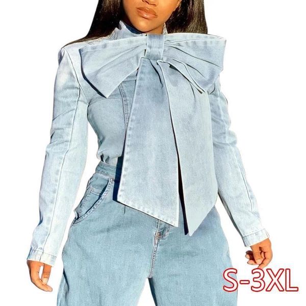 

women shirts vintage jeans blouses plus size blue fashion bow tie single breasted denim blouse female casual buttons long, White