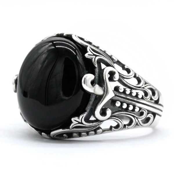 

cluster rings natural black agate ring for men 925 sterling silver mens sword aqeeq turkish handmade religious jewelry gift size 8-12, Golden;silver