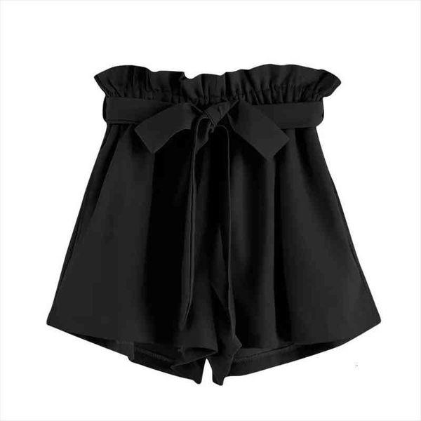 

women retro solid classic shorts high elastic waist with string shorts women casual fit pocket spodenki damskie, White;black