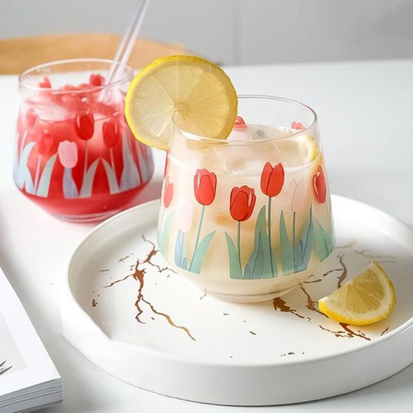 

cups & saucers beer cup vintage tulip print transparent whisky milk glass home restaurant mug creative bar coffee juice