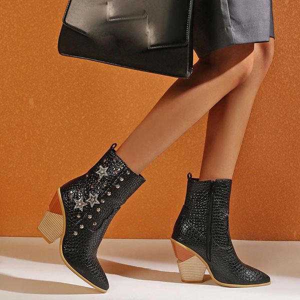 

boots women's plus size star rivet fashion ankle casual zipper high heel snake printed pointed toe autumn booties botas mujer#g3, Black