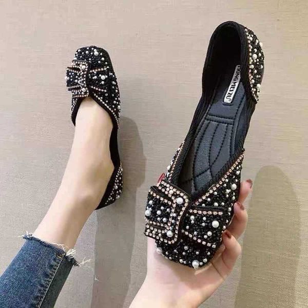 

single casual shoes flat sole female spring and summer diamond bow shallow mouth square head gentle fairy grandmother soft leather bean 62dc, Black