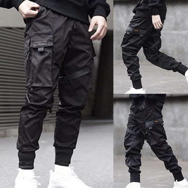 

men ribbons color block black pocket cargo pants 2021 harem joggers harajuku sweatpant hip hop trousers men's