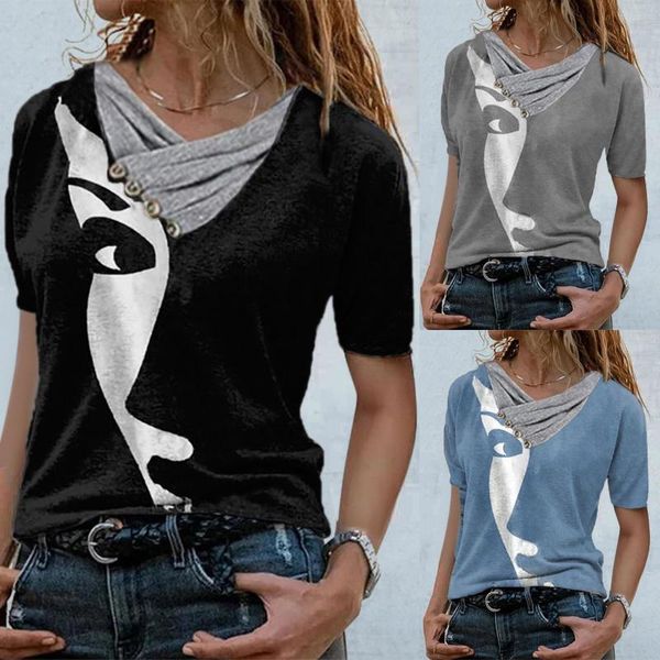 

women cross v-neck buttons t-shirt printed short sleeve harajuku tee shirts summer vintage pullover camiseta women's, White