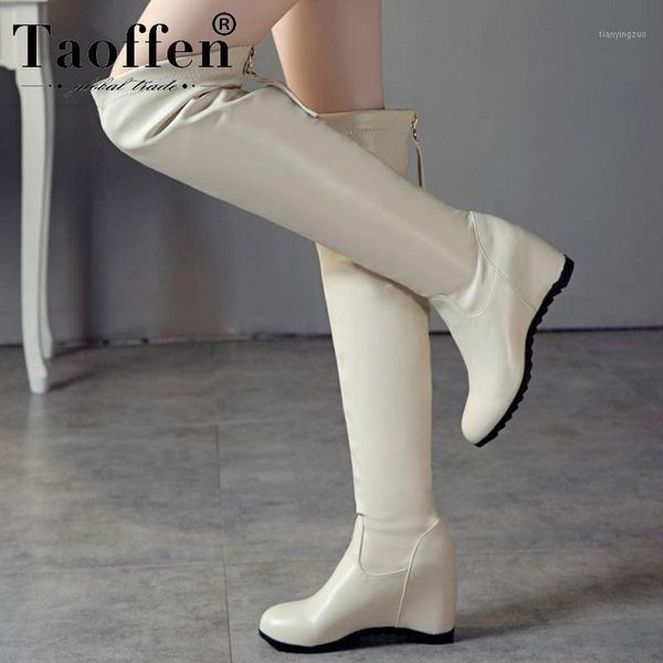 

boots taoffen women over the knee zipper wedges office work winter warm high heels shoes woman footwear size 33-431, Black