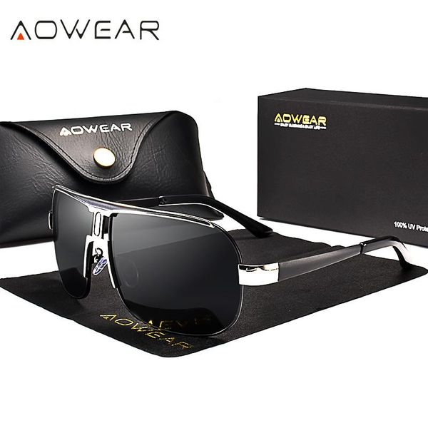 

sunglasses aowear men's classic square polarized men luxury quality driving blue coating retro oversized sun glasses for man, White;black