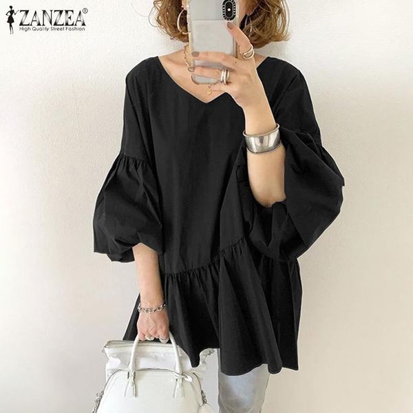 

women's blouses & shirts women spring 2021 zanzea fashion v neck lantern sleeve blouse elegant ruffles solid blusas casual loose chemi, White