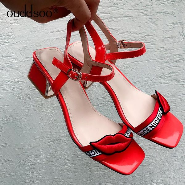 

ods woman genuine cow leather fashion red lipstick lips decorating low heels mules shoes summer sandals chunky cover heel zapato, Black