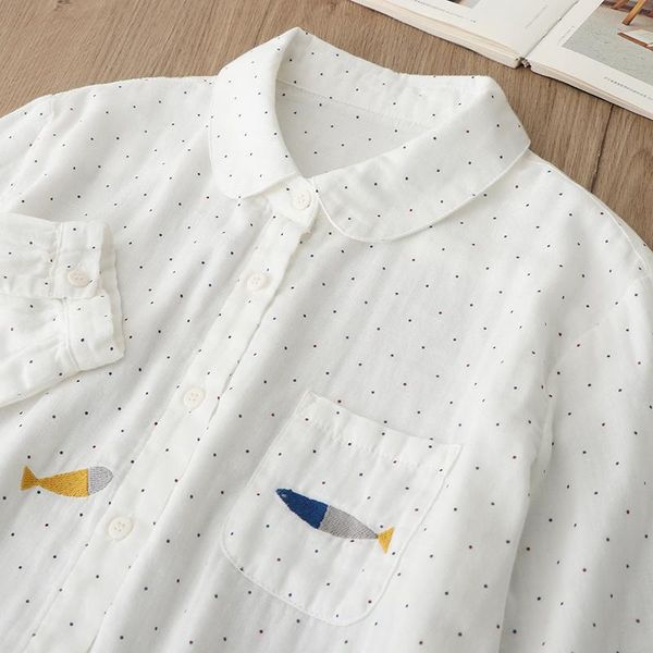

women's blouses & shirts shirt female japanese sweet dot double cotton long sleeve loose gauze, White
