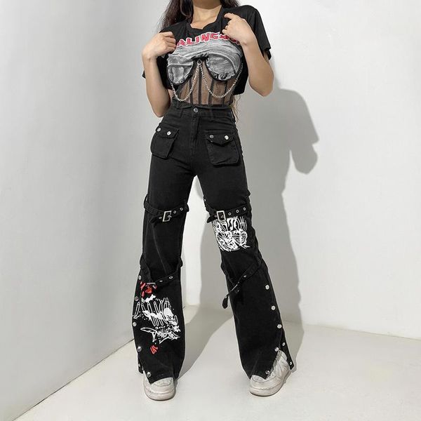 

women's jeans y2k punk skull print black buckle pants harajuku high waist big pocket trousers goth mall grunge cargo techwear, Blue
