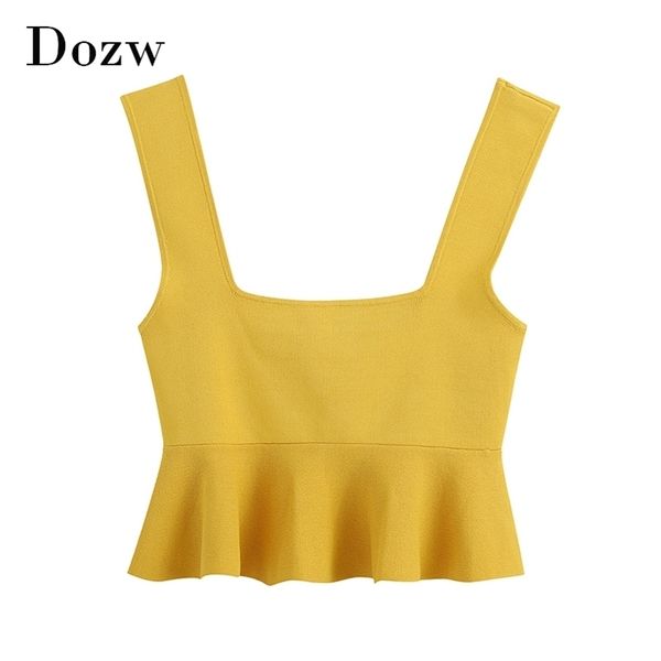 

solid knitted tank women summer backless cropped lady ruffles sleeveless beach short camisole ropa mujer 210515, White