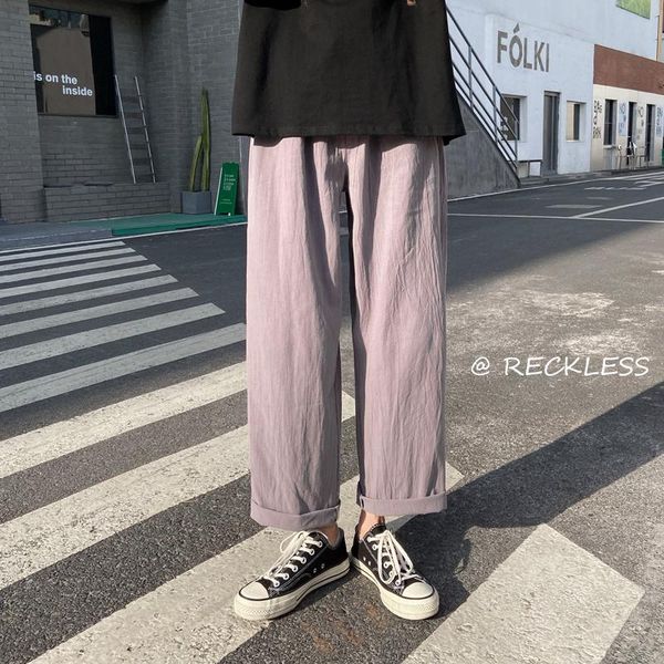 

summer cotton linen pants men's fashion multicolor thin casual men streetwear loose straight wide leg mens trousers, Black