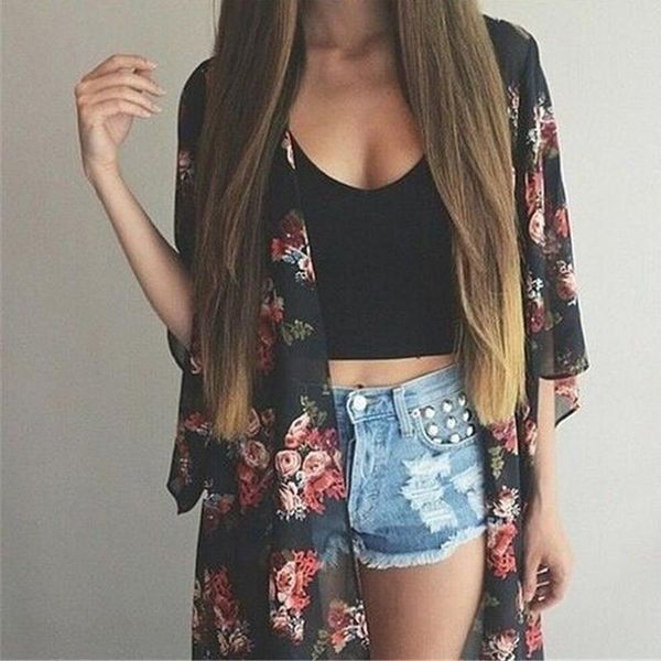 

women's blouses & shirts fashion flower embroidery kimono summer sunscreen cardigan women loose beach casual batwing sleeve, White