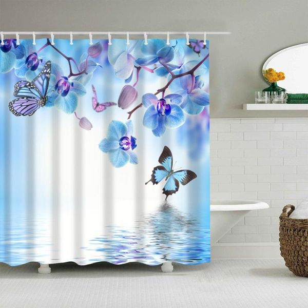 

plant shower curtain blue phalaenopsis butterfly fashion bath accessories with hooks waterproof polyester fabric bathroom decor curtains