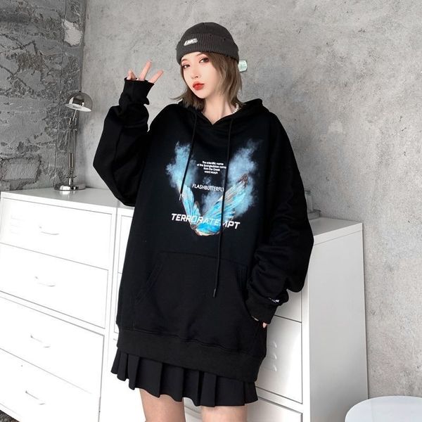 

women hoodie fashion explosion american y2k gothic smoke butterfly print harajuku vintage streetwear e-girl oversized sweatshirt, Black