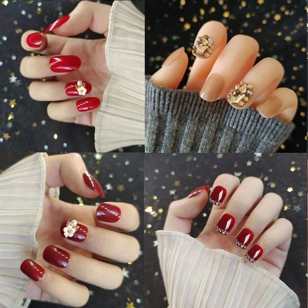 

false nails 24pcs fake with designs rhinestone square oval coffin beauty shiny full nail art tips 2021 artificial, Red;gold