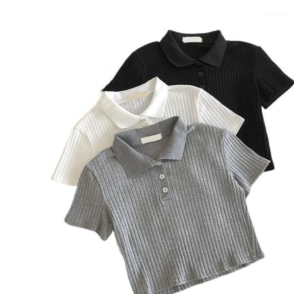 

women's t-shirt 2021 fashion women short sleeve crop knit button vest casual gray white solid ribbed shirt