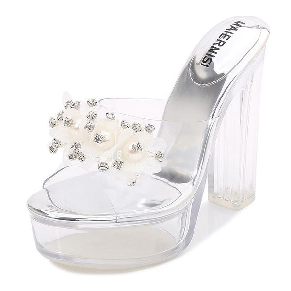 

slippers open-toed high heels female transparent 13cm pvc square head crystal oversized 35-41 42, Black