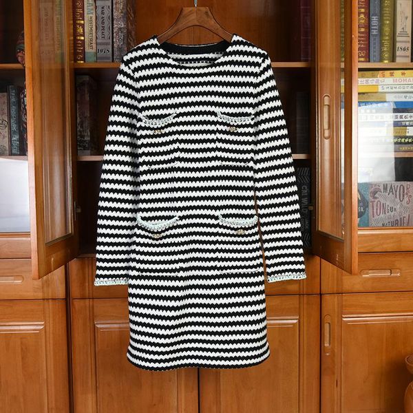 

casual dresses spring fashion 2021 women knitted striped long sleeve chains for female clothes, Black;gray