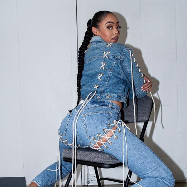 

women's jeans vintage mid waist straight pant for women streetwear back lace up buttons zipper ladies denim trouser, Blue
