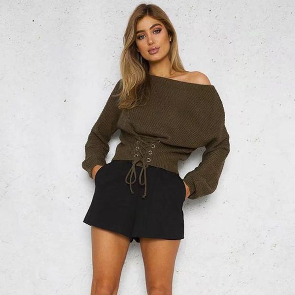 

women's sweaters autumn clothes for women long sleeve o-neck solid knitted pullovers lace up sweater fall 2021, White;black