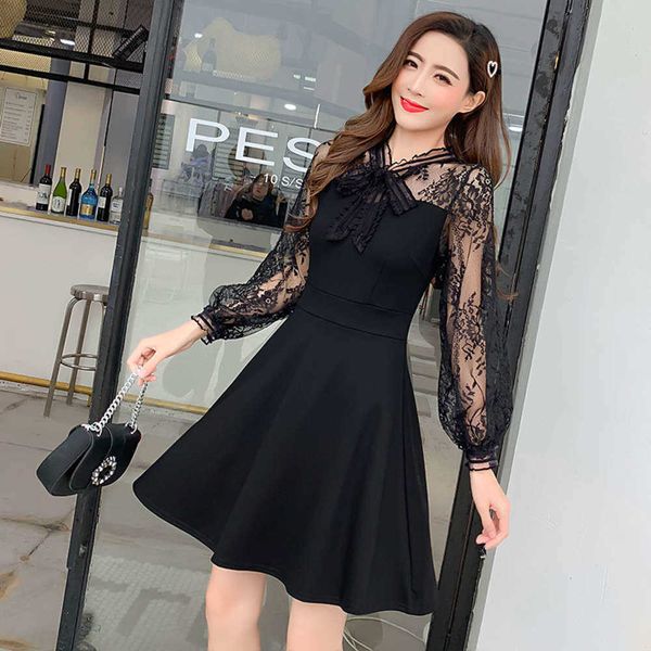 

dresses spring minority casual drs bow lace stitching french waist show slim black skirt, Black;gray