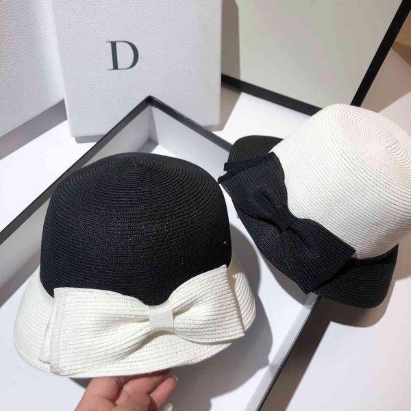 

designer version simple celebrity style bowknot fashionable versatile black and white net red straw hat foldable, Blue;gray