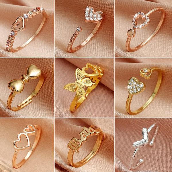 

cluster rings 2021 fashion crystal zircon ring sweet love butterfly adjustable open for women female wedding engagement jewelry gift, Golden;silver