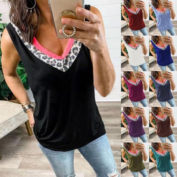 

leopard v-neck patchwork fashion women t-shirts sleeveless summer casual 5xl large size black tee lady street loose t-shirt women's, White