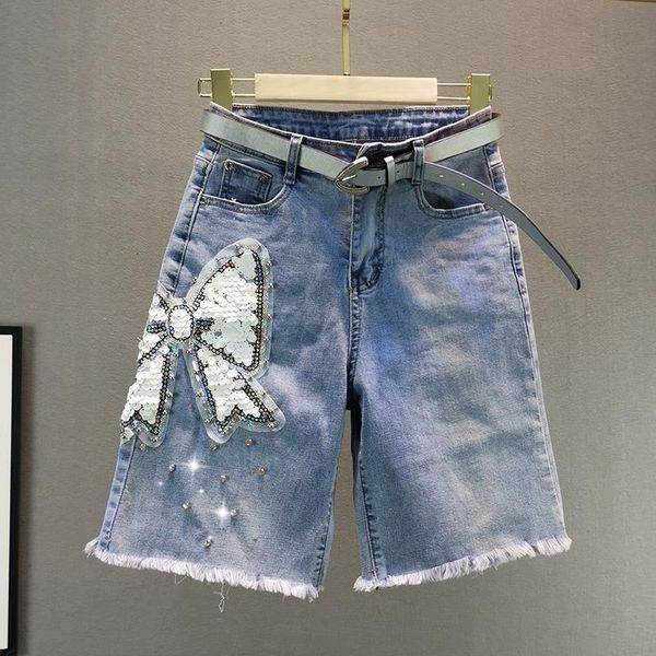 

women's jeans sequined beaded butterfly patchwork women jeans summer high waist loose pocket knee-length wide leg casual all mat, Blue