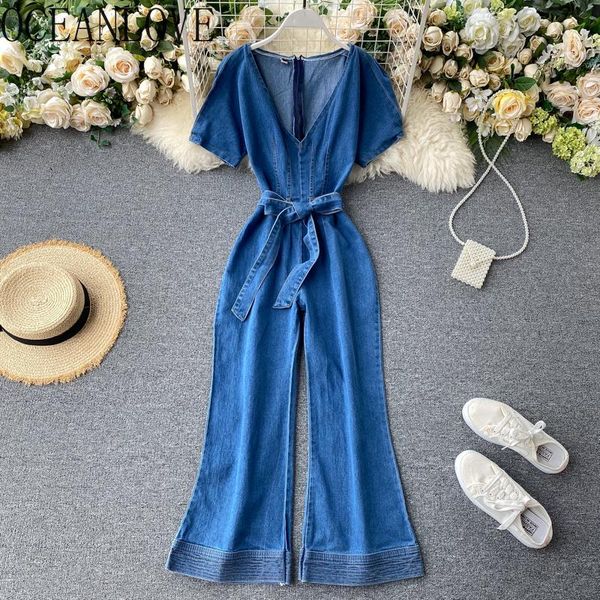 

women's jumpsuits & rompers oceanlove v neck bandage women solid high waist bodysuit korean vintage denim ropa mujer 2021 spring fashio, Black;white