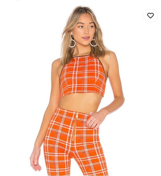 

summer women's print plaid neck lace up bra + high waist slim pants two piece set, Red;black