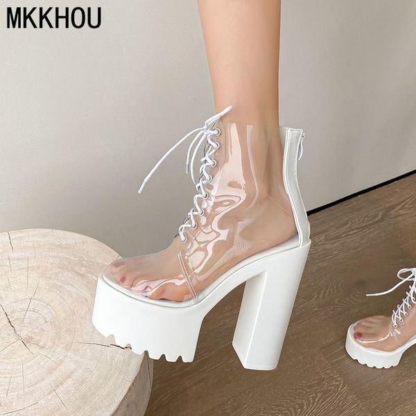 

boots mkkhou fashion short women's summer transparent thick heel super high platform women, Black
