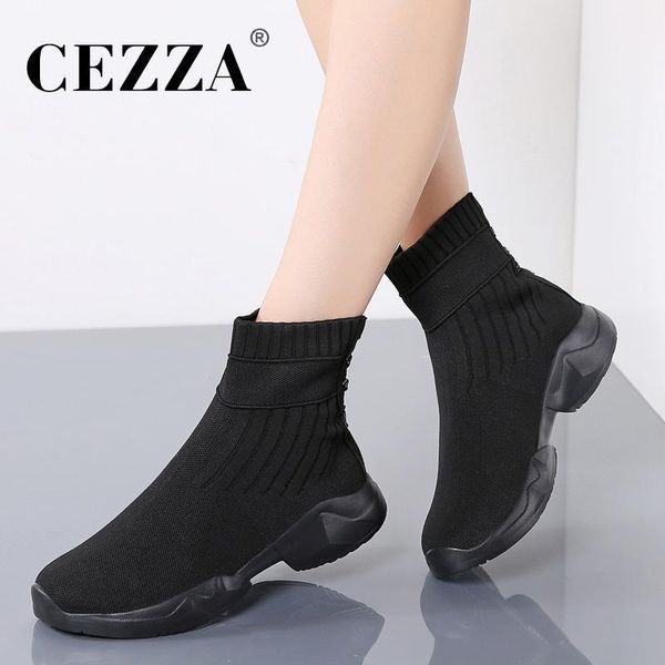 

boots cezza winter women flat ankle shoes female warm plush black sock furry ladies casual snow woman11