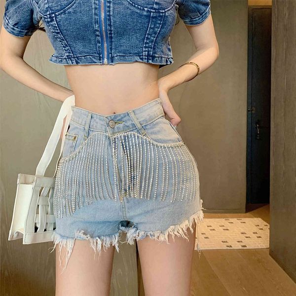 

women's shorts summer new heavy industry sparkling rhinestone tassel denim wide leg pants 2020, White;black