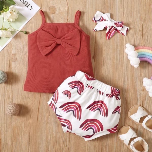 

clothing sets #vw toddler kids baby girl set solid ribbed bowknot vest rainbow print shorts+headbands outfits summer girls clothes, White