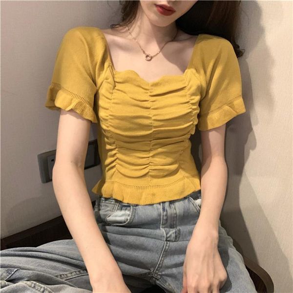 

square neck solid crop women summer short sleeve t-shirts casual female tshirts pleated slim tees women's t-shirt, White