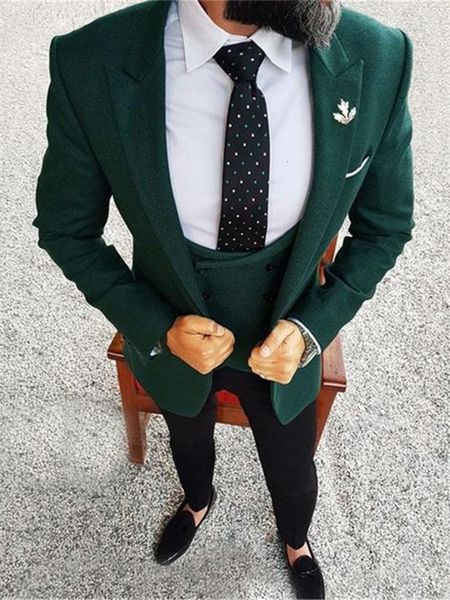 

men's suits & blazers elegant dark green male suit groom three piece together (jacket + vest pants), White;black