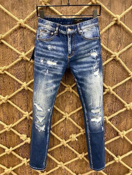 

men's jeans long summer jeans, stylish and casual paint spraying process, quality denim with holes d21, Blue