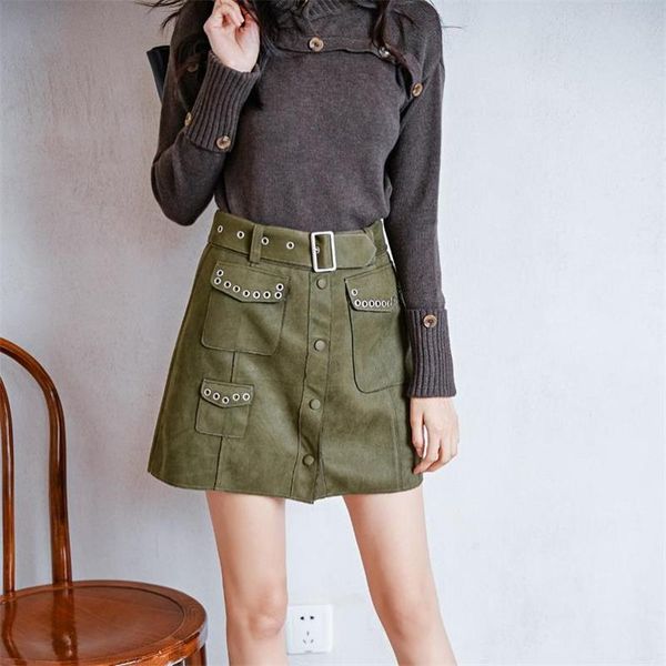 

skirts autumn winter female fashion street mini skirt high waist rivet suede single breasted belted a-line y814, Black