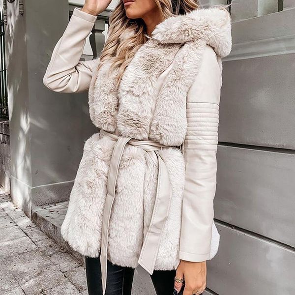 

women's fur & faux winter warm patchwork coats women fashion hooded jackets elegant tie belt leather female ladies, Black