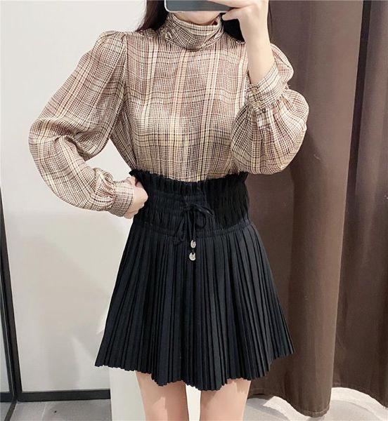 

autumn high waist slimming pleated skirt women's stretch mini skirts, Black