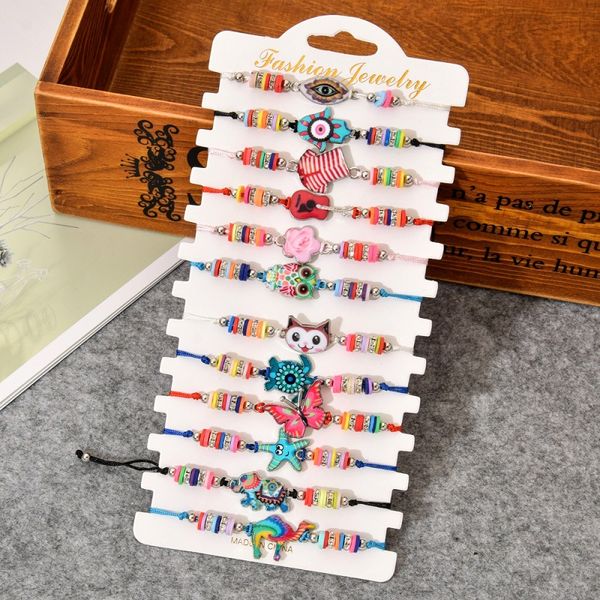 

supply bohemian alloy painting oil polymer clay animal woven bracelet european and american children bracelet 12 pieces set, Black