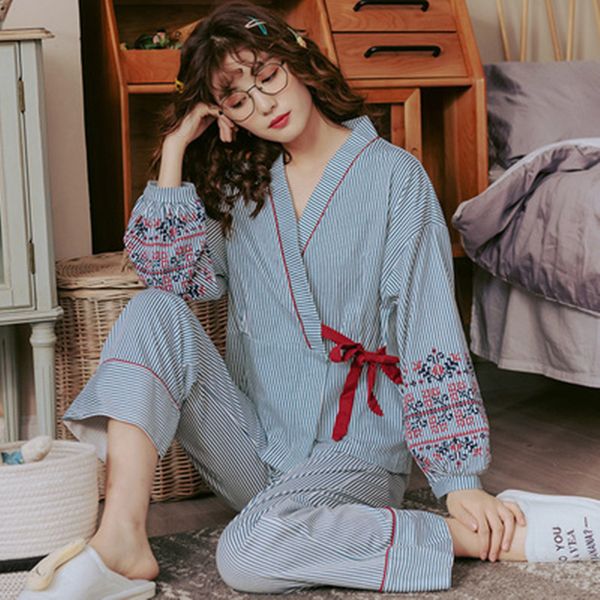 

large size long sleeve pajamas womens summer thin 100kg pure cotton stripe suit japanese kimono spring and autumn household, Black;red