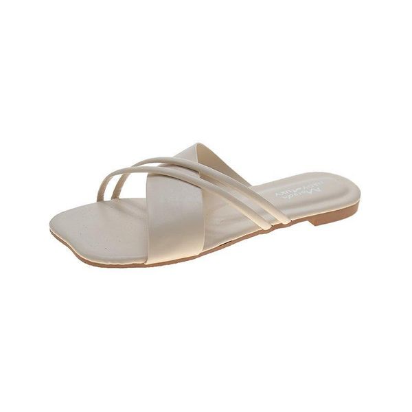 

casual summer women's slippers solid color simple fashion all-match cross vamp open-toe flat-bottom, Black