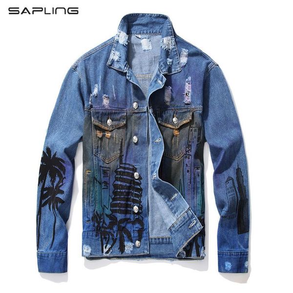 

men's loose coconut palm printed jean jacket fashion holes ripped male denim coat letters painted mens outerwear jackets, Black;brown