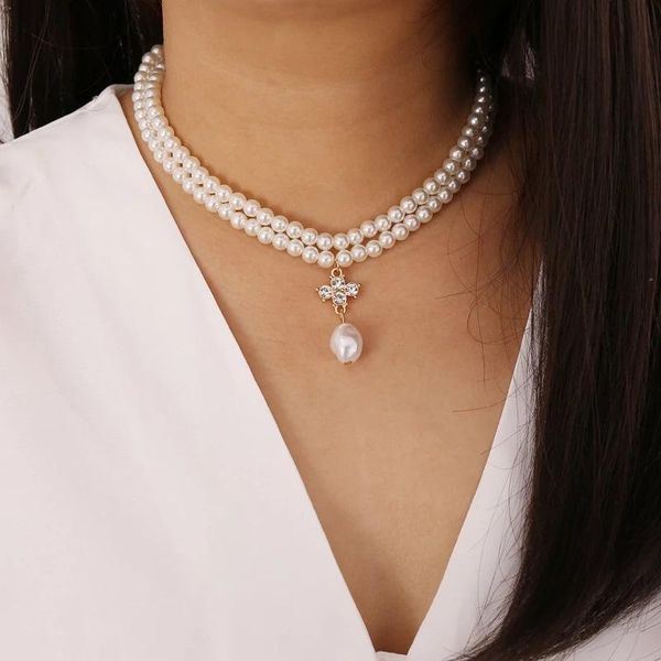 

chokers fine fashion double pearl diamond pendant versatile chain creative necklace, Golden;silver